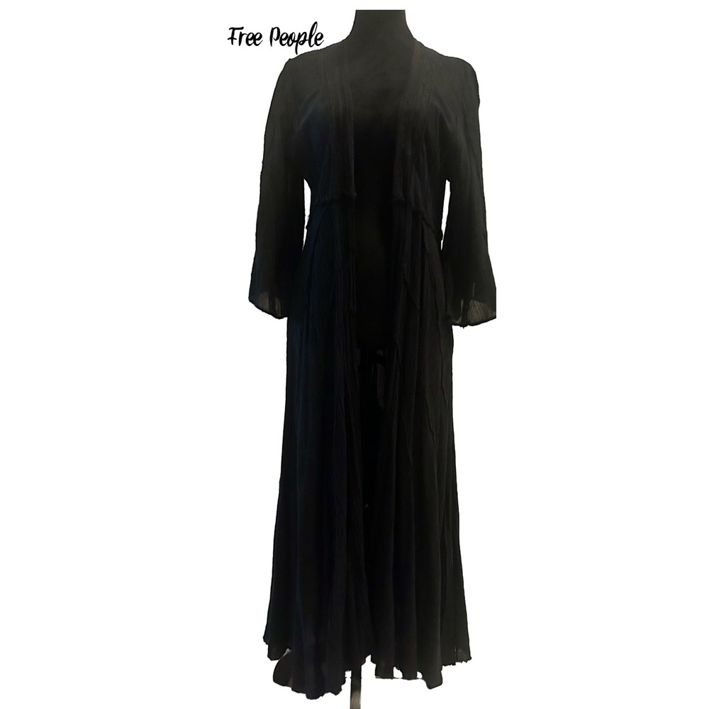 Free People Black Gauze Maxi Duster Kimono Boho Bell Sleeve Robe